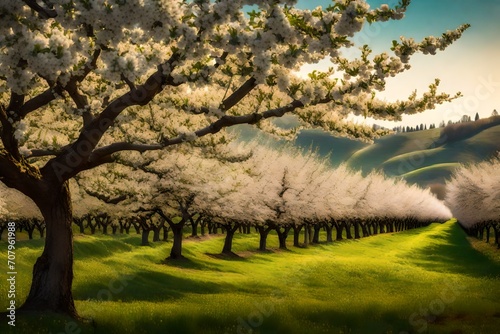 Rows of apple trees bursting with blossoms, creating a picturesque orchard scene as spring unfolds, hinting at the abundance to come. photo