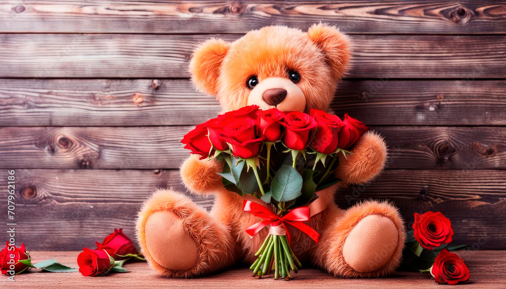 Obraz premium Teddy bear plush with a bouquet of red roses on a wooden background in a rustic style. Greeting card for Valentine's Day, Mother's Day, Birthday