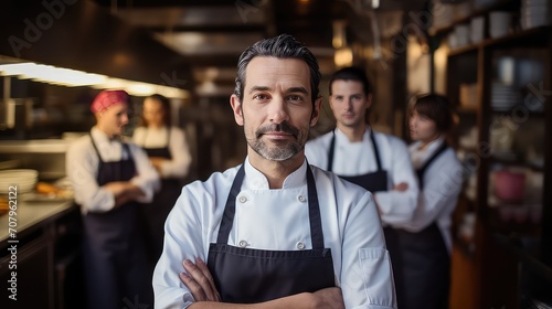Portrait of a male chef standing with his team