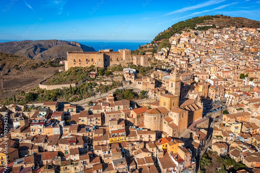 Caccamo, Sicily, Italy. View of popular hilltop medieval town with impressive Norman castle and big cathedral
