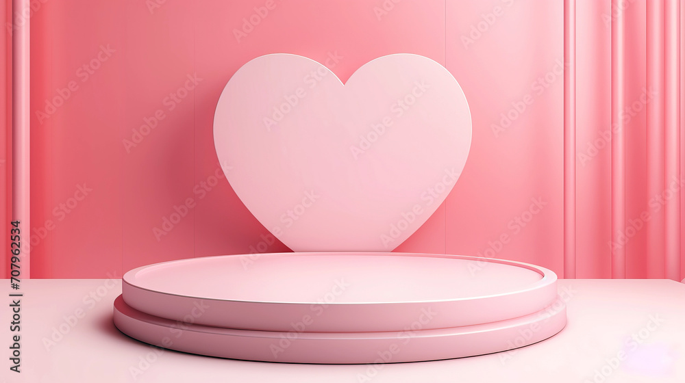 Pink empty podium over pastel background, Valentine's day scene background. Product presentation, mock up, show cosmetic product, Podium, stage pedestal or platform, heart love concept