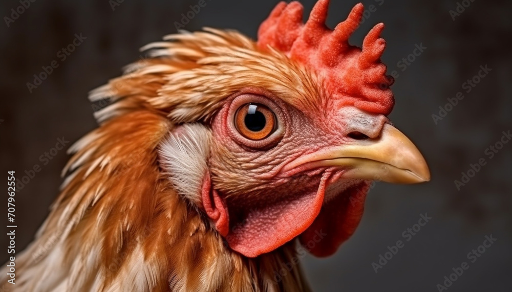 Close up of a healthy, vibrant rooster in a rural farm generated by AI