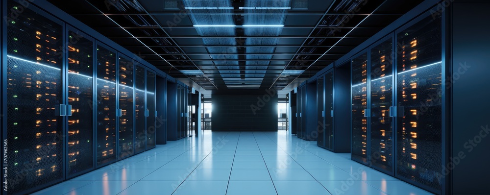 Server racks in server room data center. Server room interior in data center. - obrazy, fototapety, plakaty 