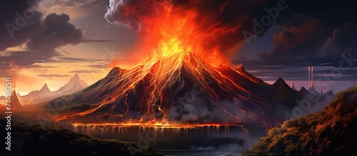 Erupting volcano with lava and fire. photo