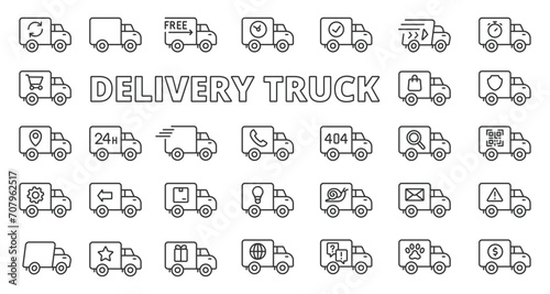 Delivery Truck icons in line design. Logistics, shipping, fast, cargo, ship, van isolated on white background vector. Delivery Truck editable stroke icon.