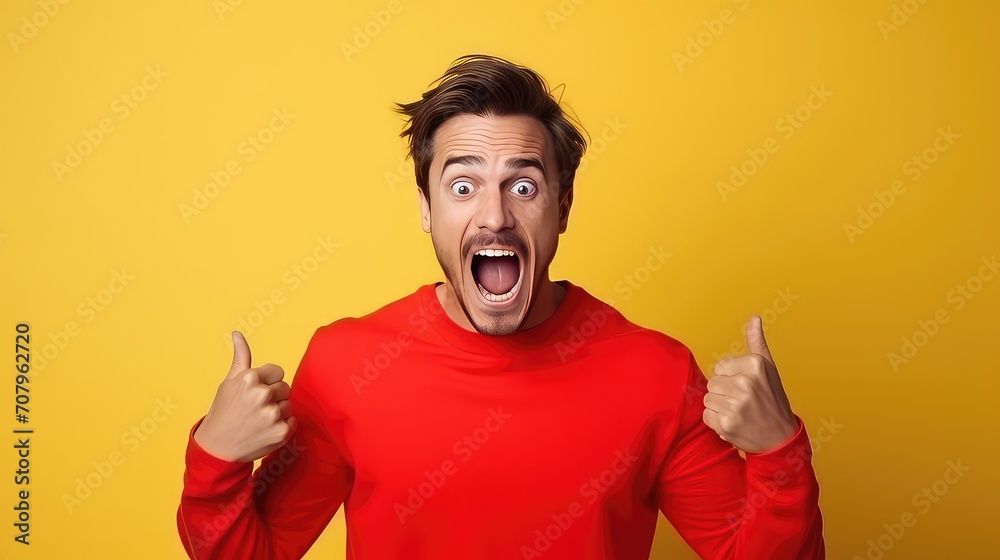 Surprised man in a red sweater on a yellow background. Surprised man in a red sweater on a yellow background.