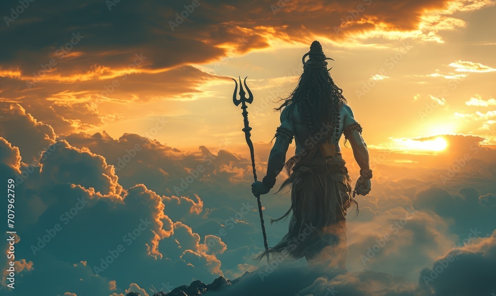 Giant lord shiva, true form and attire,walking out of clouds in the sky - obrazy, fototapety, plakaty 