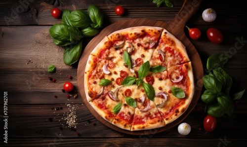 A traditional delicious italian pizza with ingredients on wooden board, top view.