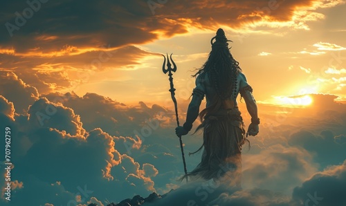 Giant lord shiva, true form and attire,walking out of clouds in the sky