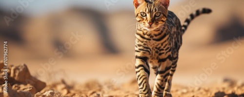 Young and confident Bengal cat walks towards the camera on amazing desert. © Daniela