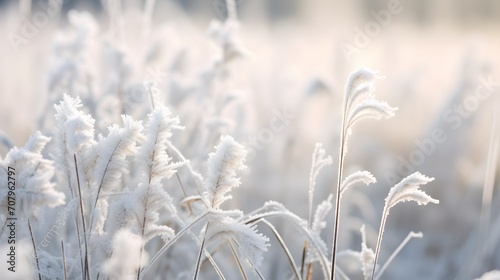 Plant covered with frost, hoarfrost or rime in winter morning, natural background Plant covered with frost, hoarfrost or rime in winter morning, natural background