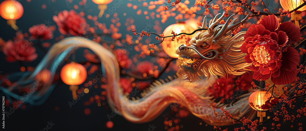 Happy Chinese New Year 2024 the dragon zodiac sign with flower, lantern, elements with red and gold color. background. Copy space Happy Chinese New Year 2024 the dragon zodiac sign with flower, lantern, elements with red and gold color. background. Copy space
