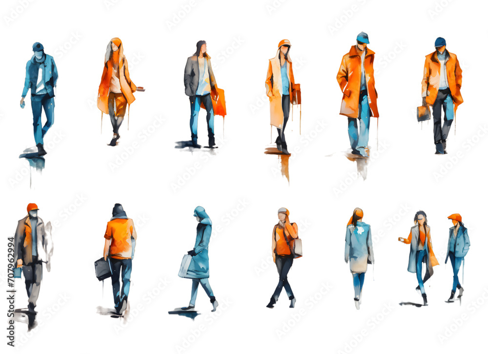 Group of people silhouettes walking watercolor set isolated on transparent background	
