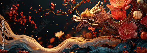 Print op canvas Happy Chinese New Year 2024 the dragon zodiac sign with flower, lantern, elements with red and gold color