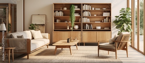 Modern  chic Scandinavian living room with wooden furniture  armchair  carpet  leafy vase  books  and personal decor.
