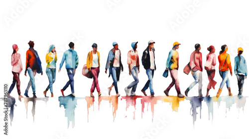 Group of people silhouettes walking watercolor set isolated on transparent background 