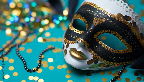 Elegant gold mask shines at Mardi Gras celebration generated by AI photo