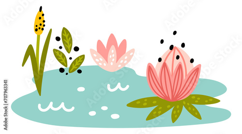 Cute swamp with lotus. Green nature. Water pond
