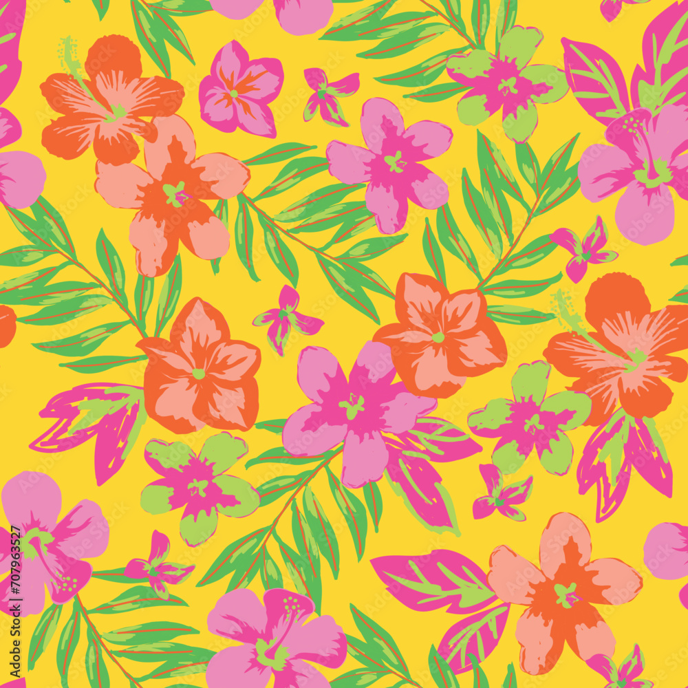 Hawaiian hibiscus seamless floral print in vector. For girls teens kids swimwear and surf. Palm leaves flowers. Spring and summer fashion Hawaiian hibiscus seamless floral print in vector. For girls teens kids swimwear and surf. Palm leaves flowers. Spring and summer fashion