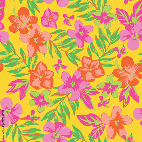 Hawaiian hibiscus seamless floral print in vector. For girls teens kids swimwear and surf. Palm leaves flowers. Spring and summer fashion