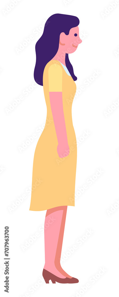 Woman side view. Cartoon female character in yellow dress