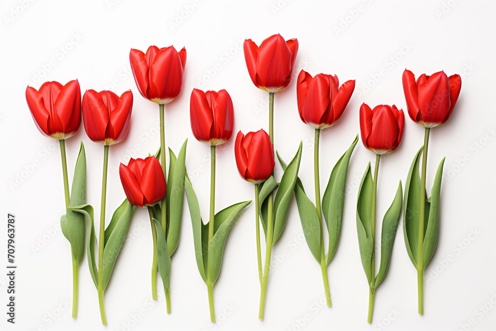 photography of some red tulip flowers on a white background, in the style of playful compositions created with Generative Ai