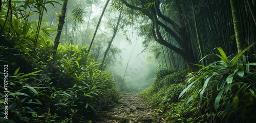 A sweeping view of a dense bamboo forest with a path leading into the mist 