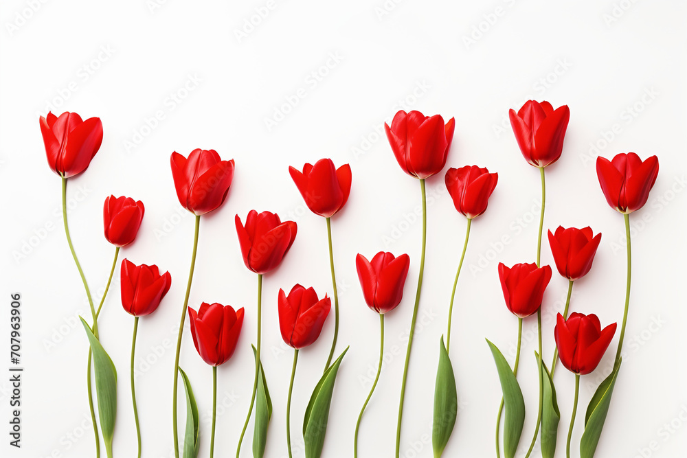 Obraz premium photography of some red tulip flowers on a white background, in the style of playful compositions created with Generative Ai