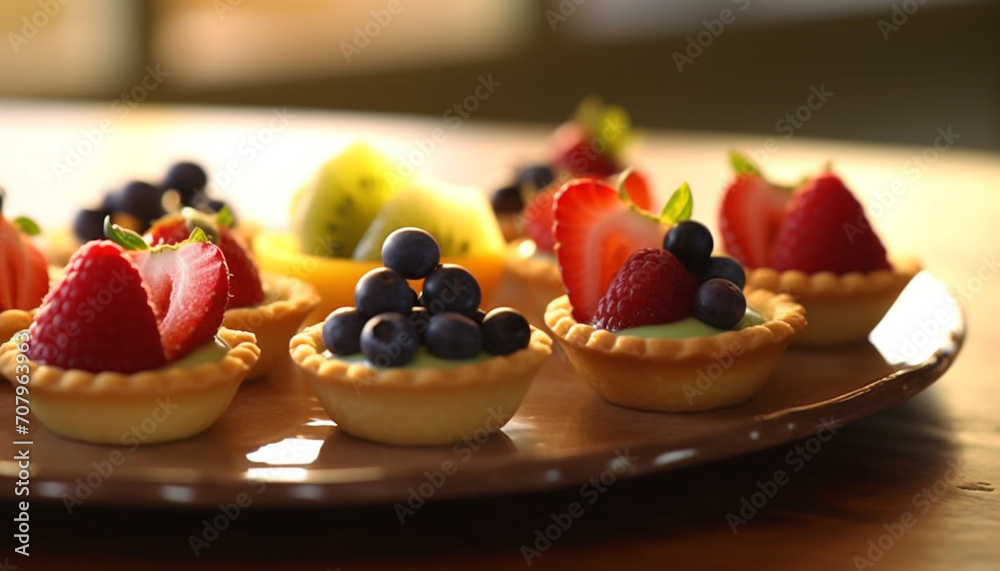 Freshly baked homemade berry tart on a wooden table generated by AI Freshly baked homemade berry tart on a wooden table generated by AI