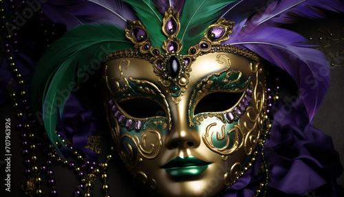 Masked elegance in a golden Mardi Gras celebration generated by AI