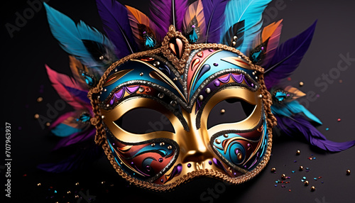 Feathered mask disguises elegance at Mardi Gras parade generated by AI