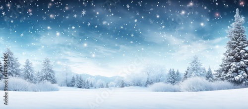 Christmas-themed natural design with a snow-covered winter landscape, falling snowflakes, and a frosty blue background. © TheWaterMeloonProjec