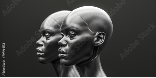 Two mannequin heads in black and white. Suitable for fashion design, art projects, or advertising campaigns