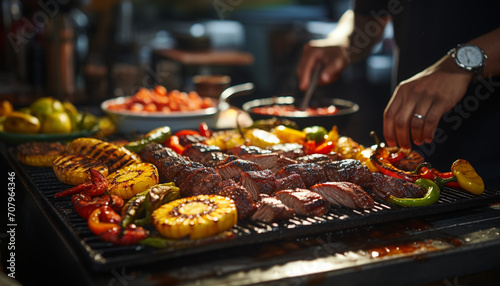 Grilled meat and vegetables on a coal barbecue  perfect for summer generated by AI