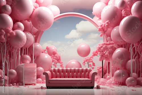Pink catwalk, pedestal with arch and sofa.