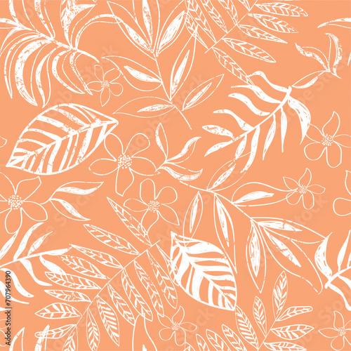 seamless tropical hibiscus floral leaf pattern. peach distressed abstract brush stroke hand drawn print. palm leaves. Girly pretty pattern for teens, girls fashion swimwear and stationary