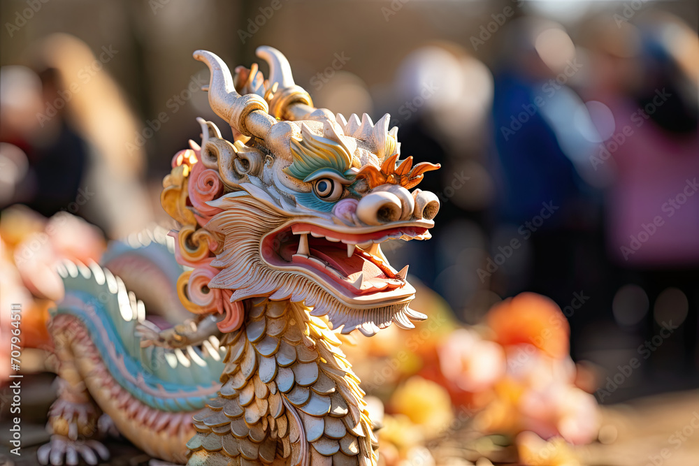 Colorful Chinese dragon statue with a blurred background of people walking by