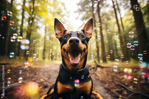 Happy funny Doberman dog close up, and soap bubbles flying around him, bright colours, sunlight © Anzhela