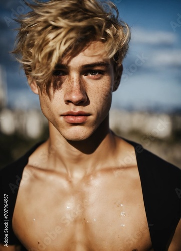  A 20 years old boy with brown eyes, blonde hair, deeply depressed expression, with some freckles, fit strong body