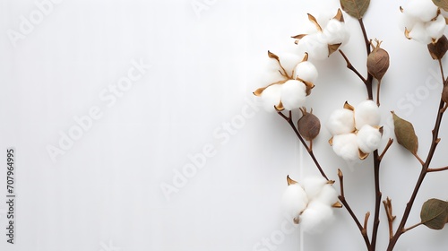Single cotton branch on light background top view. Minimal flat lay composition from delicate cotton flowers for design with blank space. .