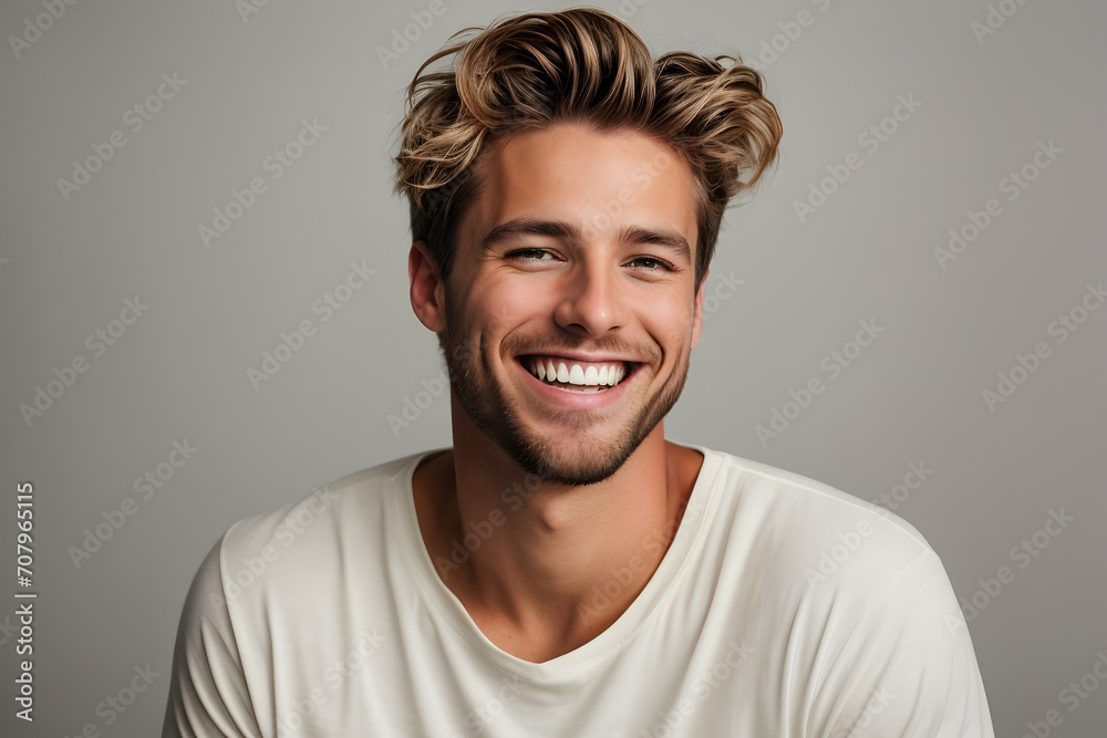 Portrait of a handsome young man smiling at camera over gray background Portrait of a handsome young man smiling at camera over gray background