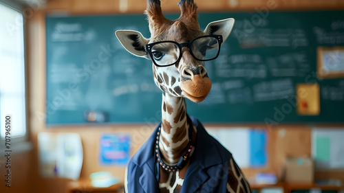A giraffe as a school teacher wearing human clothes and glasses standing in a classroom