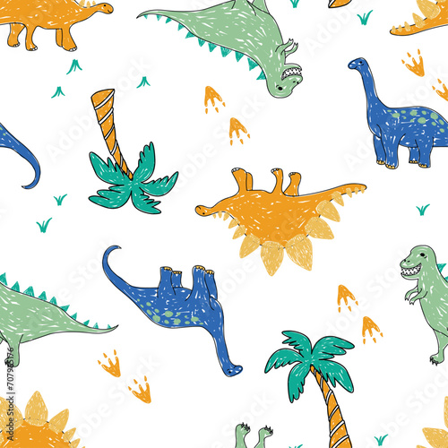 seamless dinosaur pattern with palm trees and foot print.. Summer vector repeat pattern.  t rex, stegosaurus, tyrannosaurus rex, boys graphic for summer. tropical fun print