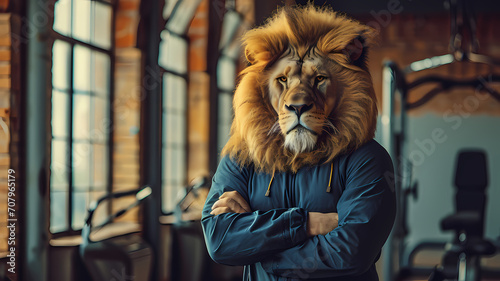 A lion as a fitness instructor wearing human athletic clothes and standing in a gym preparing to train a client