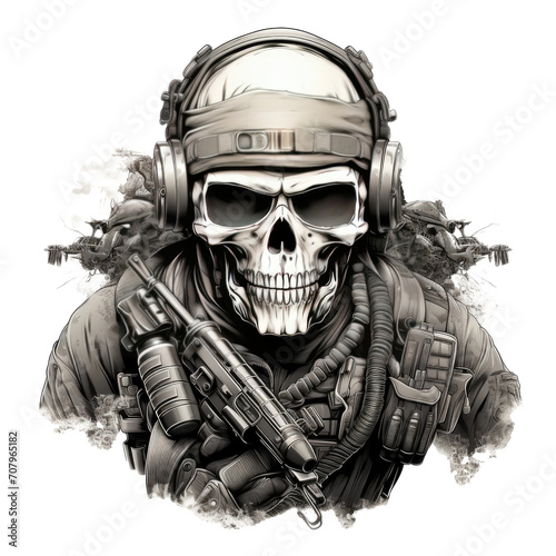 skull wearing night vision tactical helmet, suitable for t shirt, badge, logo design vintage skull. photo
