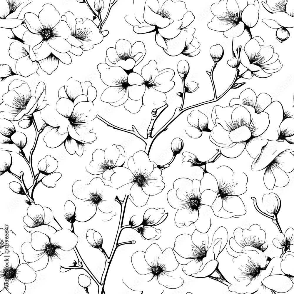 beautiful seamless vector pattern with japanese flowers, paradise flowers, magnolias, spring wallpaper, branches. Perfect for wallpapers, web page backgrounds, surface textures, textile.