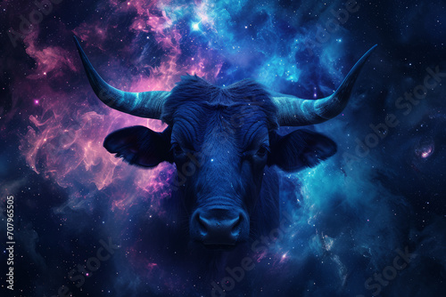 Taurus zodiac sign against space nebula background. Astrology calendar. Esoteric horoscope and fortune telling concept.