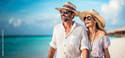 Romantic Bliss in the Maldives: A happy couple basks in the dreamy paradise of the Maldives, where every moment is infused with passion, cumplicity, and the serenity of a perfect vacation.

