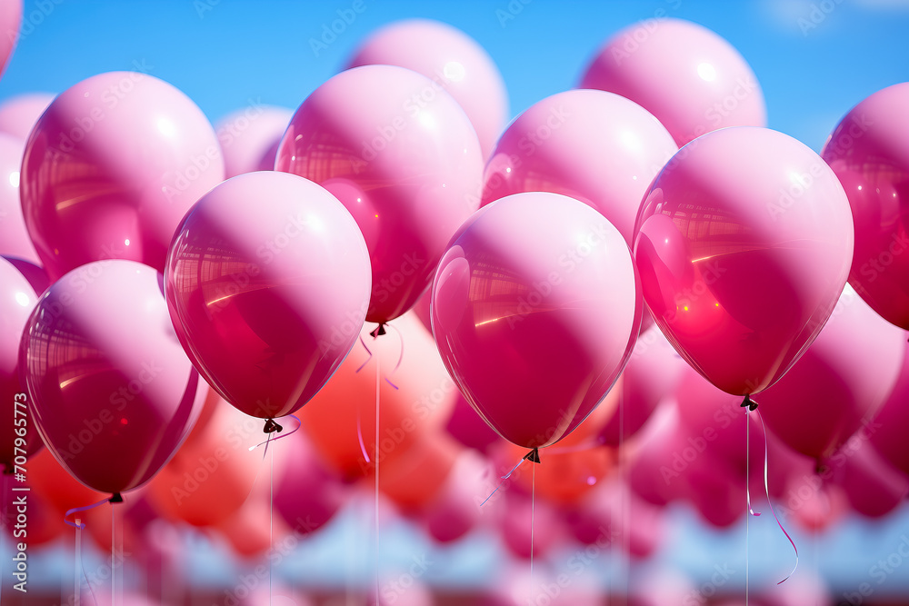 Close-up of pink balloons flying in the air.