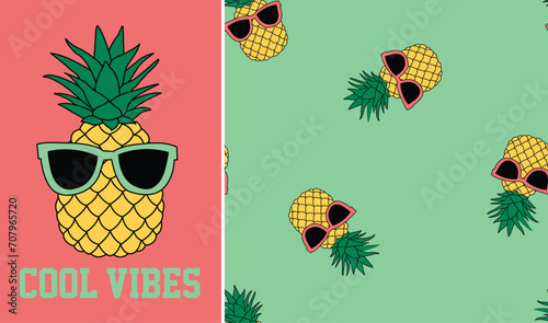 Cool pineapple with sunglasses and slogan. Summer graphic with seamless pattern. for boys kids and teen fashion, swimwear and t shirt. 